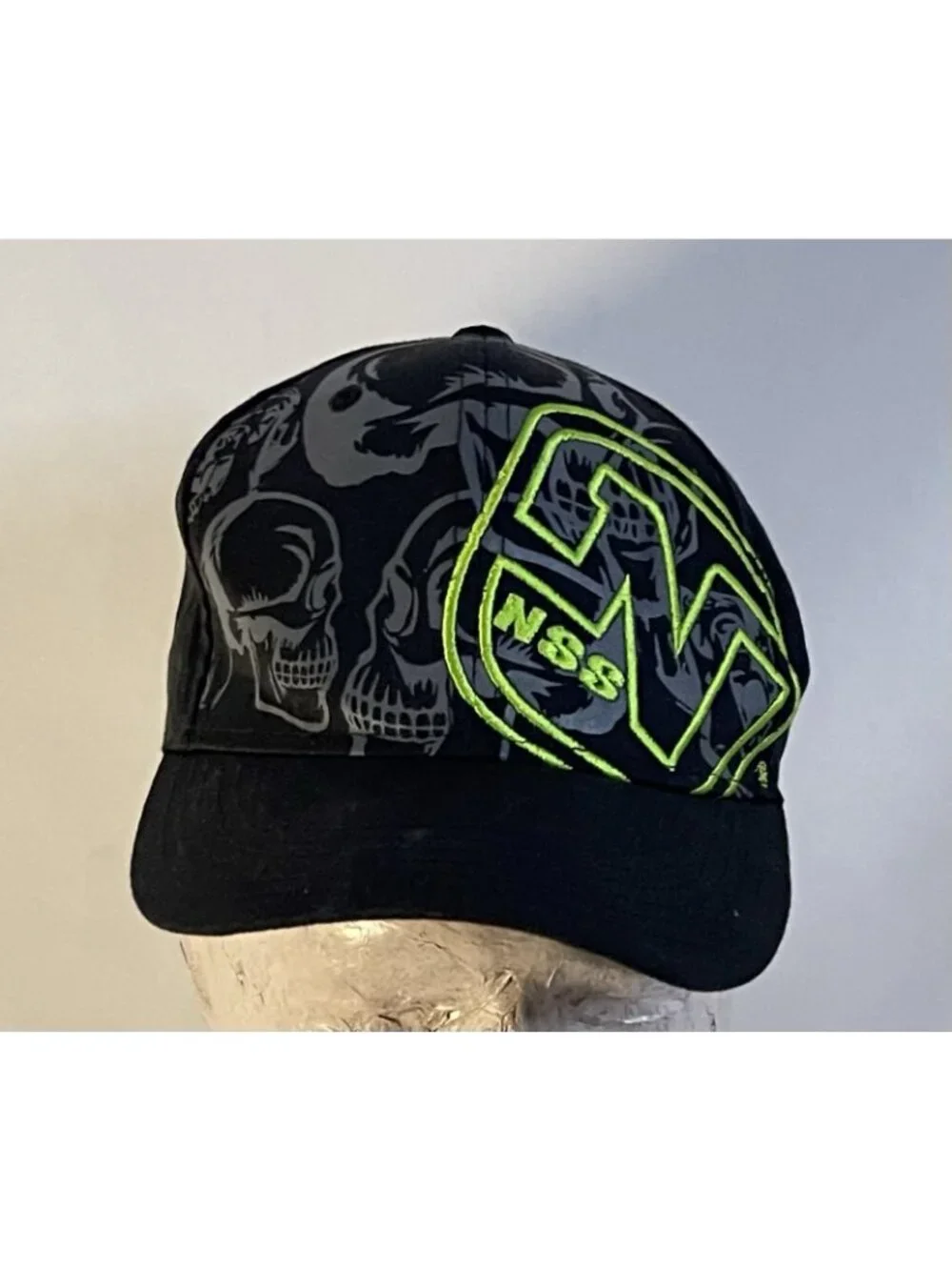 NSS Nice Skate Shoes Skull Snapback Hat Black Neon Green Skate Cap Y2K Style